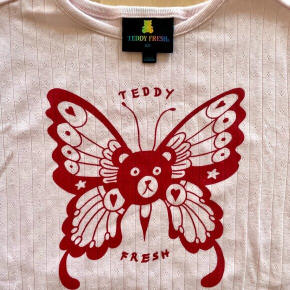 Teddy Fresh Women's Bear Butterfly Pink Pointelle Lettuce Edge Blouse size XS - Picture 2 of 5